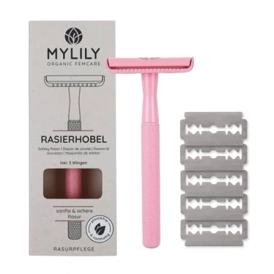 Afbeelding van MYLILY® Veiligheidsscheermes met 5 scheermesjes, neusscheermes, scheerapparaat voor dames, plasticvrij metalen scheerapparaat, intieme damestrimmer, lichaamstrimmer, afvalvrije set, roze