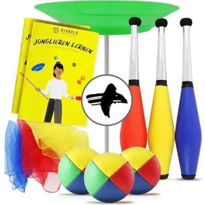 Afbeelding van jongleerset voor kinderen en volwassenen met jongleerdrumsticks, jongleerballen, doekjes, borden toverstaf handleiding jongleren complete