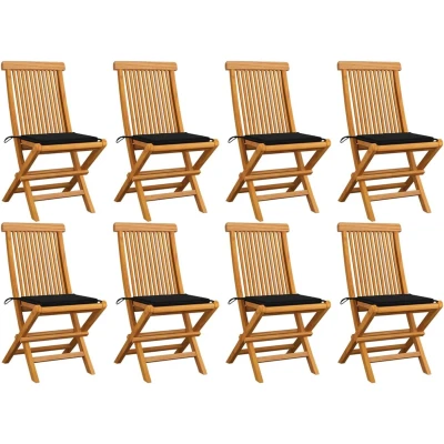 Afbeelding van vidaXL Tuinstoelen 8 st met zwarte kussens massief teakhout