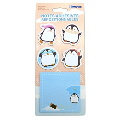 Afbeelding van WAYTEX 931666 100 zelfklevende notities, herpositioneerbaar, fantasie, schattige dieren, op standaard, 4 mini blokken, pinguïnvorm en 1 vierkant blok 8 x cm, bedrukt pinguïn