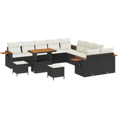 Afbeelding van vidaXL 13 delige Tuin Sofa Set met Kussens Zwart Poly Rattan Acacia, 3 Eet Acacia