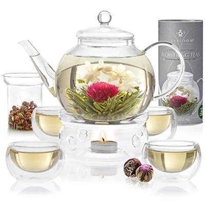 Afbeelding van Teabloom Theeservies van borosilicaatglas: hittebestendige glazen theepot losse theezeef theewarmer 4 geïsoleerde theekopjes 12 bloementhees
