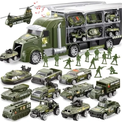 Afbeelding van JOYIN 25 in 1 militaire vrachtwagen spuitgieten legervoertuig met kleine soldaten, lichten en geluiden, verjaardagscadeau voor jongens 3+ (groen)