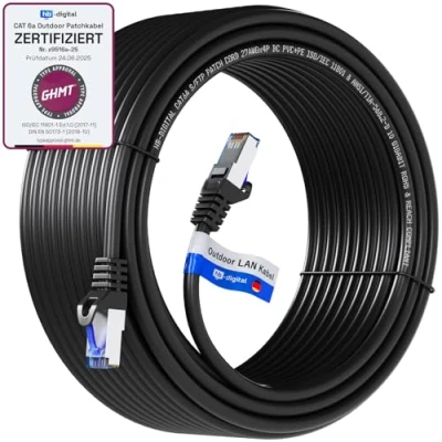 Afbeelding van hb digital GHMT gecertificeerde outdoor CAT.6A netwerkkabel voor binnen en buiten S/FTP PiMF RJ45 Gigabit Ethernet LAN IP66 olie UV waterdicht zwart 25m