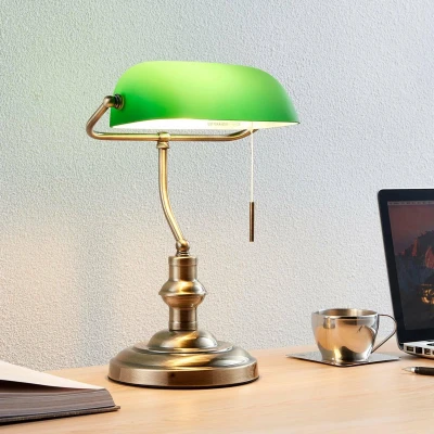 Afbeelding van Lindby bureaulamp 1licht Metaal, glas H: 38 cm E27 antiek messing, groen