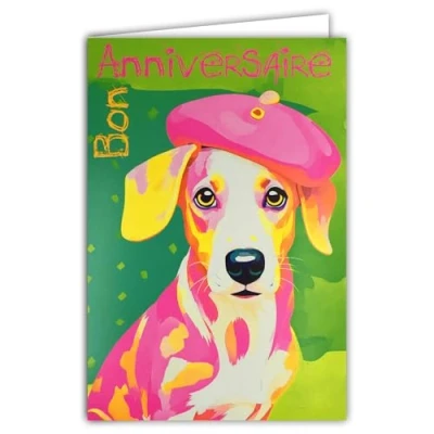 Afbeelding van AFIE 69 8105 fluo kaart met envelop, 12 x 17,5 cm, illustratie, kleine honden, puppy&#039;s, schattig, roze baret, Baskische hoed, echte inkt, gemaakt en geproduceerd in Frankrijk