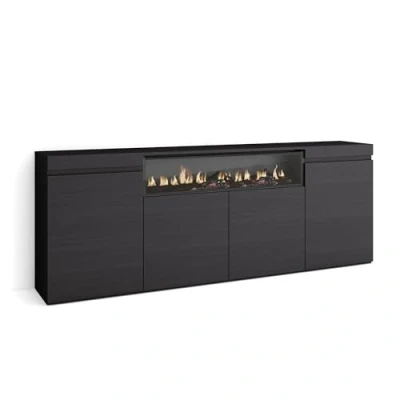 Afbeelding van Skraut Home Dressoir voor woonkamer en keuken opbergkast, commode 200 x 75 35 cm 4 deuren elektrische open haard moderne stijl zwart
