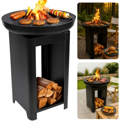 Afbeelding van Cheqo Vuurkorf met BBQ Barbecue Roestvrij Staal Grillring Plancha Grill Vuurschaal Buitenkeuken Houtopslag 2 in 1 en Terrashaar