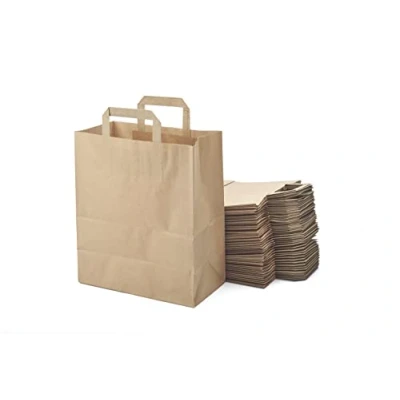 Afbeelding van 50 bruine boodschappentassen van kraftpapier met platte handgrepen, 25 x 14 30 cm, boodschappentas/geschenkverpakking voor verjaardag, Kerstmis, bruiloft.