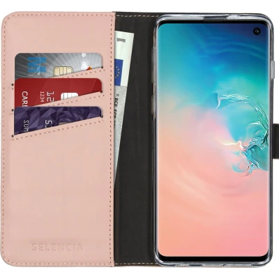 Afbeelding van Selencia Hoesje Geschikt voor Samsung Galaxy S10 Met Pasjeshouder Echt Lederen Bookcase Roze