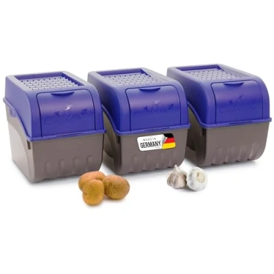 Afbeelding van Novaliv Aardappelopbergdoos, 3 grote dozen van 9 liter, marineblauw, aardappelbox, stapelbare groentebox voor uien, aardappelen, fruit,