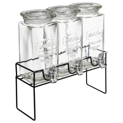 Afbeelding van Set van 3x stuks glazen drank dispensers 1,5 liter in houder met metalen kraantje Sapdispenser Drankdispenser