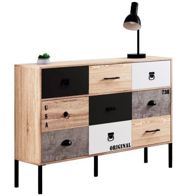 Afbeelding van Buffet 3 portes tiroirs SACRAMENTO design industriel dépareillé 110 cm