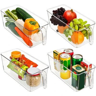 Afbeelding van Kurtzy Keuken Koelkast Opslag Containers met Non Slip Basis en Handvatten (4 Pak) 31,2 cm Totale Lengte Doorzichtig Plastic Bakjes voor Badkamer, Kelder/Kast, Lades Diepvries