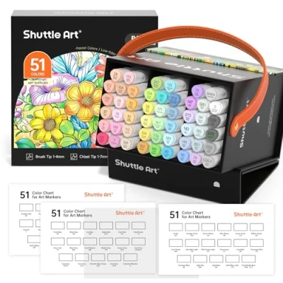 Afbeelding van Shuttle Art 50 stuks pastelalcoholmarkers met penseelpunt, dubbele penseelpunt en wigpunt, kleuren plus 1 blendermarker etui, perfect voor illustratie, studenten,