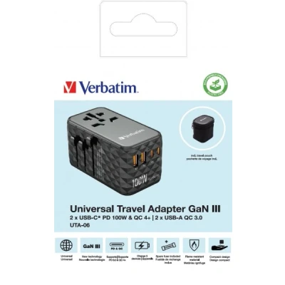 Afbeelding van Verbatim Ladeadapter, Universal Travel, UTA 06, GaN III, 100W 2x USB A QC, C PD, 100 250V, Retail