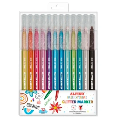 Afbeelding van Alpino 12 stuks glitterstiften om te schrijven en decoreren, levendige glanzende kleuren, duurzame 3,3 mm punt, glittereffect