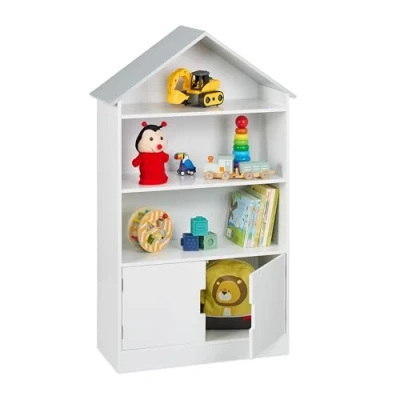 Afbeelding van Relaxdays kinderkast huisje boekenkast kinderkamer speelgoedkast met dakje wit/grijs