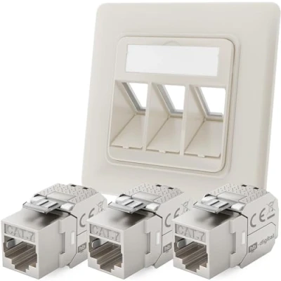 Afbeelding van hb digital Kit: netwerkdoos 3 poorten RAL9010 zuiver wit + x Cat.7 Keystone RJ45 jack module inbouw stopcontact 3x LAN Ethernet netwerkinstallatie 1000MHz 10Gb/s STP