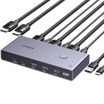 Afbeelding van UGREEN KVM Switch Displayport 8K 60Hz 2 in 1 Out DP 1.4 4K 240Hz USB C poort 3 A poorten voor toetsenbord muis harde schijf printer monitor met desktopcontroller kabels m
