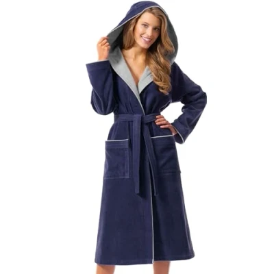 Afbeelding van Morgenstern Badjas voor dames met capuchon, 100% katoen, badstof, Leonie fluweel, Oeko Tex gecertificeerd, Blauw Grijs
