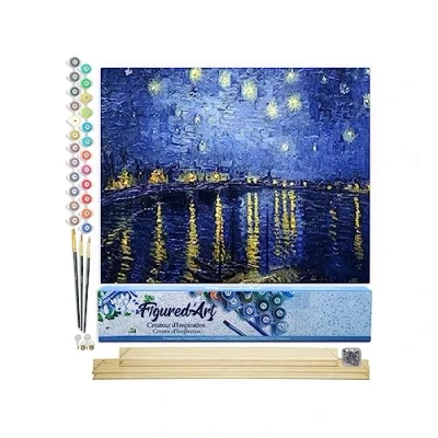 Afbeelding van Figured&#039;Art Schilderen op Nummer Volwassenen canvas Van Gogh Sterrennacht boven de Rhône Handwerk acrylverf Kit DIY Compleet 40x50cm met houten lijst