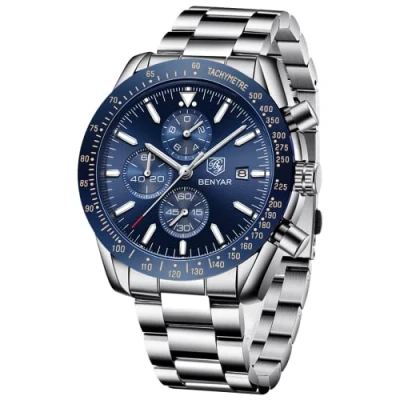 Afbeelding van BENYAR Herenhorloge, waterdicht, chronograaf, helder, klassiek, armband van roestvrij staal, grote wijzerplaat, analoog, krasbestendig, elegant cadeau, Blauw