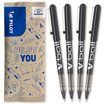 Afbeelding van Pilot V Ball 05 rollerball met vloeibare inkt en fijne punt voor soepel nauwkeurig schrijven sneldrogende, heldere inktkleur, zwart, 4 stuks