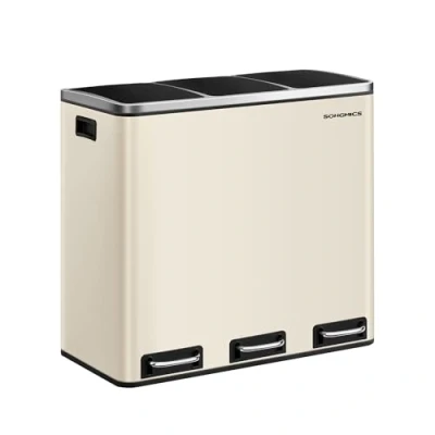 Afbeelding van SONGMICS keukenprullenbak, 3 x 18 L, vaks sorteersysteem, afvalbak, pedaalemmer, voor gele zakken, GFT, met deksel, staal, zandbeige LTB054A02