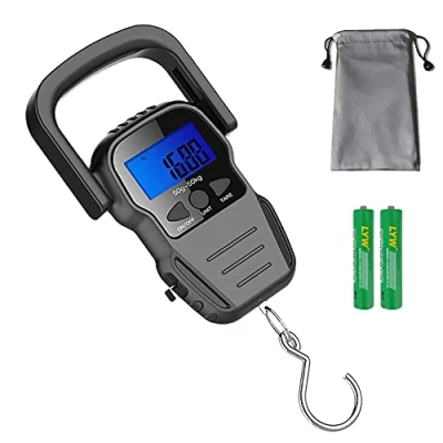 Afbeelding van Elektronische bagageweegschaal/weegschaal voor bagage/kofferweegschaal met lcd achtergrondverlichting reizen, vissen en boogschutter, waterdichte tas, meetlint, (batterijen meegeleverd), zwart,