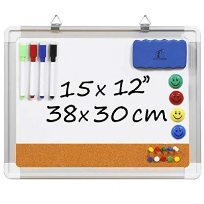 Afbeelding van Magnetisch whiteboard / prikbord van kurk 38 x 30 cm combinatie uitwisbaar bord met 1 magnetische gum, 4 droog afwisbare viltstiften, magneten en 10 spelden