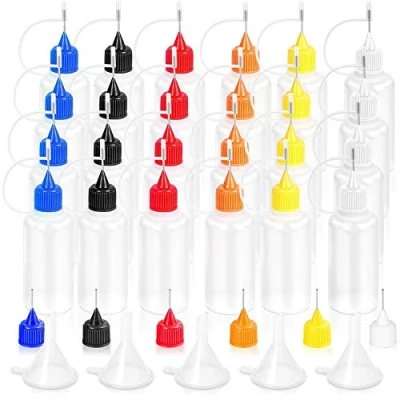 Afbeelding van 24 x 30 ml vloeibare kunststof precisie applicatorflessen en naalden voor quillingpapier, doe het zelf, met 5 mini trechters