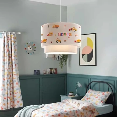 Afbeelding van lux.pro Suspension Luminaire Charmante pour Enfant Plafonnier Lustre Lampe à Suspendre Accueillante Abat jour Double Chambre d&#039;Enfant E27 Plastique Tissu Hauteur 70cm Motif Engins de Chantier Blanc