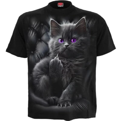 Afbeelding van Spiral Cattitude T shirt met zwarte print op de voorkant, zwart.