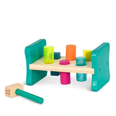 Afbeelding van B. toys by Battat BX1762Z kleurrijke pond &amp; play bank van hout om te hameren voor het inbrengen de haringen in bijpassende vormen 6 en een hamer vanaf 2 jaar