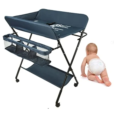 Afbeelding van OHMG Opvouwbare luiertafel, commode met wieltjes, beweegbare luiertafel luiermatje, veiligheidsgordel en opbergvakken, waterdicht in hoogte verstelbaar, stabiel