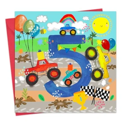 Afbeelding van Twizler verjaardagskaart voor jongens Monster Trucks 5 jaar jarige zoon