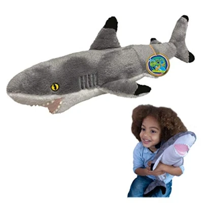 Afbeelding van EcoBuddiez Deluxebase zwarte haai met punten, groot pluche, 60 cm, van gerecyclede plastic flessen, milieuvriendelijk cadeau voor kinderen en dieren, zacht schattig bamboe.