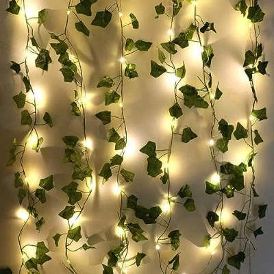 Afbeelding van 1 x led lichtketting met bladeren, 5 m, 50 leds, timerfunctie, klimopslinger, lichtsnoer voor binnen, groene bladeren