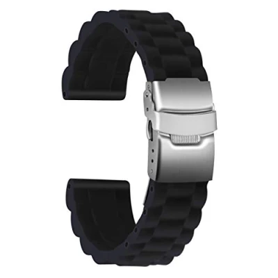 Afbeelding van ULLCHRO horlogeband, hoge kwaliteit, vervanging van siliconen, schakelpatroon, 16 mm, 18 20 22 24 rubberen horlogeband met vouwgesp, roestvrij staal, zwart., armband