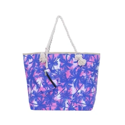 Afbeelding van Blauw grote strandtas palmbomen Schoudertas met ritssluiting Katoen Roze