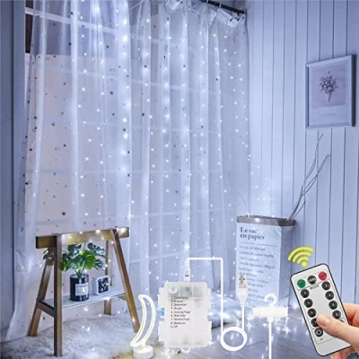 Afbeelding van AOMIG Lichtgordijn, 2 in 1, lichtsnoer, 300 leds, 3 m x m, USB + batterijvoeding, lage spanning 5 V, 8 verlichtingsmodi, waterdicht, IP67, voor buiten en binnen, decoratie festival