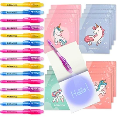 Afbeelding van BONNYCO Onzichtbare inktpen en notitieboek, verpakking met 16 pennen eenhoorn motief, kleine verjaardagscadeaus voor meisjes jongens, cadeau verjaardag, piñata speelgoed, verjaardag