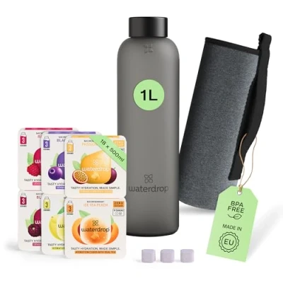 Afbeelding van waterdrop® Valentijnsdag editie proeverijset, glazen fles 1 l + 18 microdrink tabletten kubus drank 6 smaken, met natuurlijke extracten van fruit en planten vitaminen