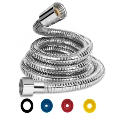 Afbeelding van Doucheslang 3 m/118 inch roestvrij staal zilver knikbescherming universele slang standaard aansluiting 1/2 met 4 waterbesparers stroombegrenzer past op alle