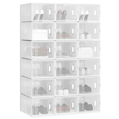 Afbeelding van WOLTU Set van 18 schoenendozen, opbergdozen, transparant, speelgoeddozen kunststof, opvouwbaar en stapelbaar, met deksel, 35 x 25 19 cm (l b h) SRX13tp