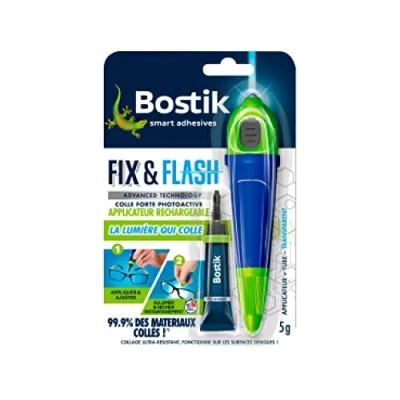 Image de Bostik Kit Colle de Réparation Fix &amp; Flash Forte Photoactive Efficace sur Tous Matériaux et Toutes Surfaces Transparent 1 Applicateur Tube 5 g