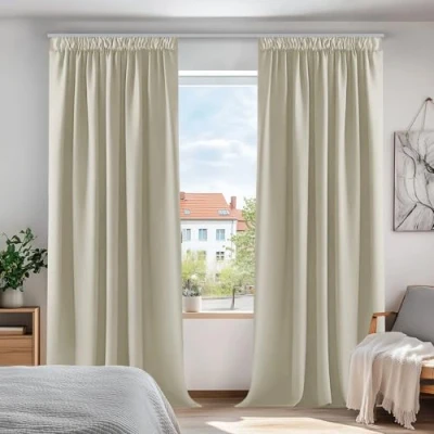 Afbeelding van Deconovo Set van 2 grijze verduisteringsgordijnen met plooiband, warmte isolerend gordijn, 140 x 220 cm, beige