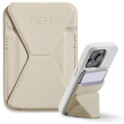 Afbeelding van MOFT MagSafe Portemonneehouder voor iPhone 15/14/13/12 Compatibel met Veganistisch leer Magnetische telefoonhouder 3 kijkhoeken en 2 kaarthouders Wit, Strand Minimalistisch