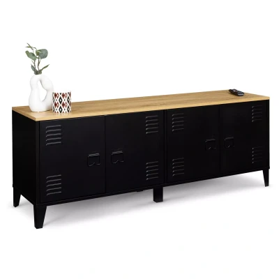 Afbeelding van Buffet bas ESTER 4 portes métal noir et plateau bois design industriel 140 cm